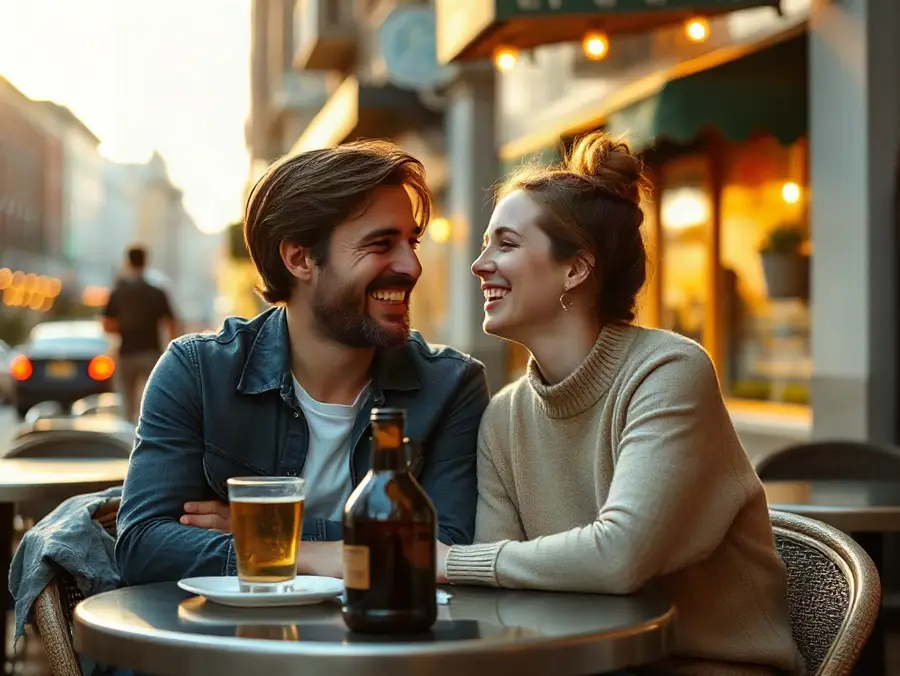 Couple laughing at a cafe